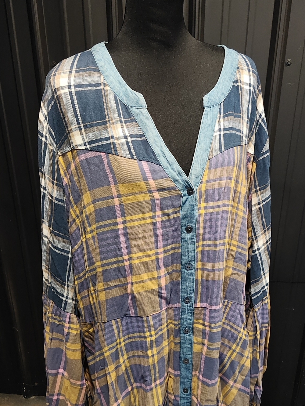 Cato Navy Blue, Yellow & Brown Plaid Button-Front Tunic